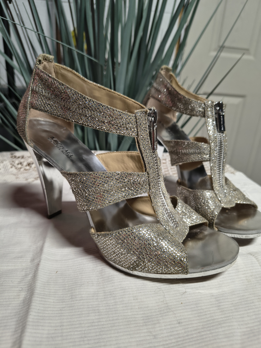 MICHAEL Michael Kors Silver Glitter T-Strap Zip Front High Heel Sandals